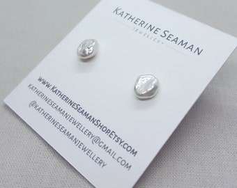 White Keshi & Silver Pearl Earrings, Freshwater Cultured, Baroque, Unique Studs, Bridal Wedding, Handmade Jewellery, UK Gift