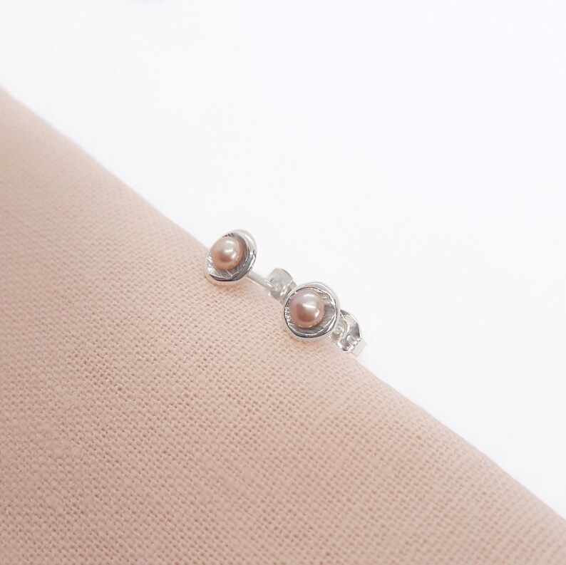 Peach Pearl Silver Earrings, Sterling, Gift Present, Freshwater Cultured Pearls, Mini Studs, Handmade in UK Jewellery image 3