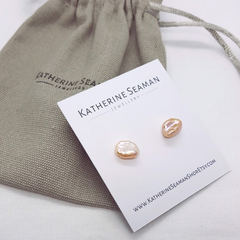 Peach Pink Keshi Silver Pearl Earrings, Freshwater, Baroque, Silver Studs, Bridal Wedding, Handmade Jewellery, UK Gift image 1