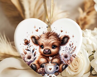Highland Cow Heart Ornament – Coffee Lover Cottagecore Decor