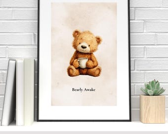 Bearly Awake Coffee Barista Print | Teddy Bear Art, Coffee Lover Gift