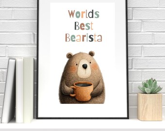 Bearista Coffee Barista Print | Bear Holding Coffee Mug Poster