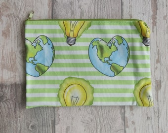 Small book bag for narrow paperbacks with a light bulb and heart world - environmental love in green and white stripes