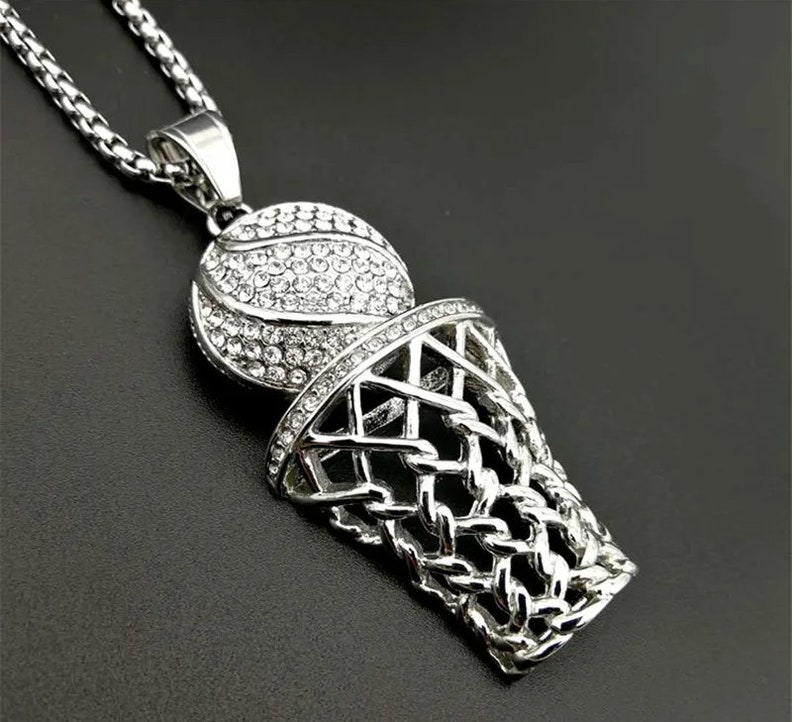 18K Gold Plated Iced Out Cubic Zirconia Basketball Basket Pendant With