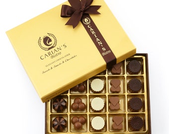 Carian’s Bistro Chocolatier Gold Gift Box Valentine Luxury Selection - Assorted Dark Gourmet Chocolates - Perfect Chocolate Gift - 20 Count