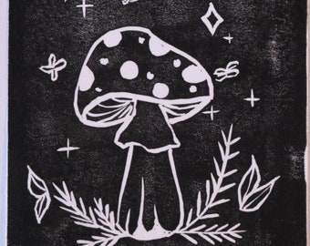 Whispering Shadows - Small Mushroom Lino Print