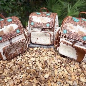 SALE LARGE Teal Flower Western Genuine Tooled Leather and Cowhide western backpack diaperbag.Western bag.Mama cowhide