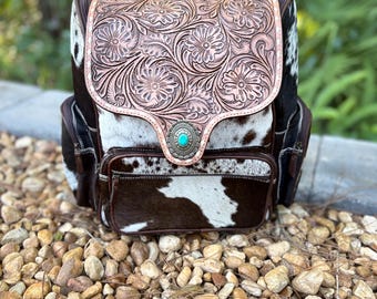 SALE Large western TOOLED Leather and cowhide concho stone backpack or diaper bag. Mama cowhide backpack. Concealed carry pocket.