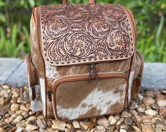 SALE Large BRONZE TOOLED Leather  and cowhide backpack or diaper bag. Mama cowhide backpack. Concealed carry pocket