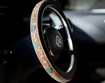 Brown Tooled Leather Steering Wheel Cover. tooled leather 15” cover. Valentines gift. Sweet 16 gift. CHECKER HEARTS