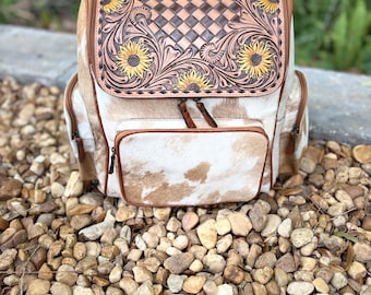 SALE LARGE checker sunflower western genuine tooled leather and cowhide backpack/diaper bag with clavos. Western diaper bag. Mama diaper bag