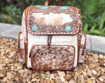 SALE LARGE Teal Flower Western Genuine Tooled Leather and Cowhide western backpack diaperbag.Western bag.Mama cowhide