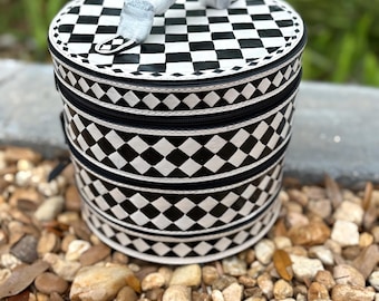 SALE Mama Western Genuine tooled leather jewelry case or travel bag. Black and white checker jewelry box. Jewelry holder organizer