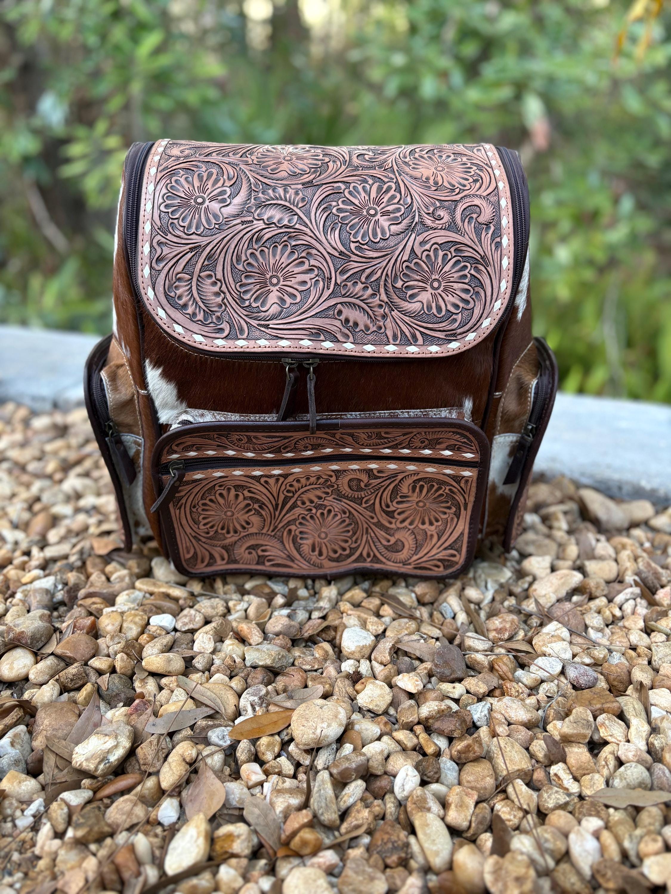 Artisan made hand painted leather backpack Camping Backpack - 24 Hours Tested - 50L - Custom main image 3