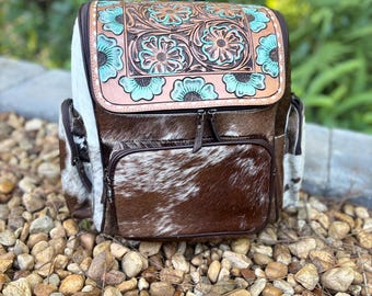 SALE LARGE Turquoise Flower western genuine tooled leather and cowhide backpack/diaper bag with clavos. Western diaper bag. Mama diaper bag