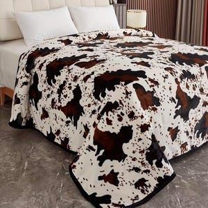 Large Mia Cow Print Throw. Cowhide Print Super plush microfiber oversized throw blanket. huge cozy bedding. King throw blanket.
