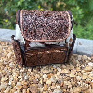 SALE LARGE Tooled  cowhide and leather backpack or diaper bag. Mama cowhide backpack.