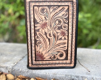 Tooled leather book cover or Bible Cover with zip closure. Book Cover. Book Case | Christmas Gift | Professional Gift Corporate