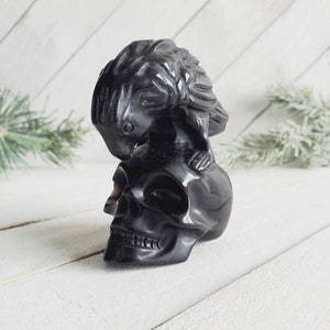 Black Obsidian Skull, Obsidian Skull with Raven, Black Crystal Skull, Crystal Skull