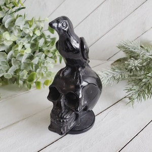 Large Black Obsidian Skull, Obsidian Skull with Raven, Black Crystal Skull, Crystal Skull