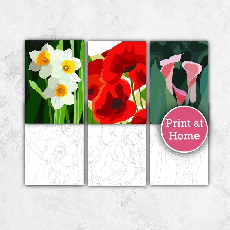 3 Flower Paint by Number Adults Abstract Floral Color by Etsy