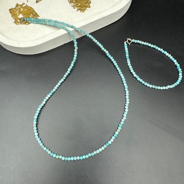 collier pierre naturelle aigue-marine / collier délicat ras de cou / collier et bracelet ensemble, collier pierre précieuse fine facettée