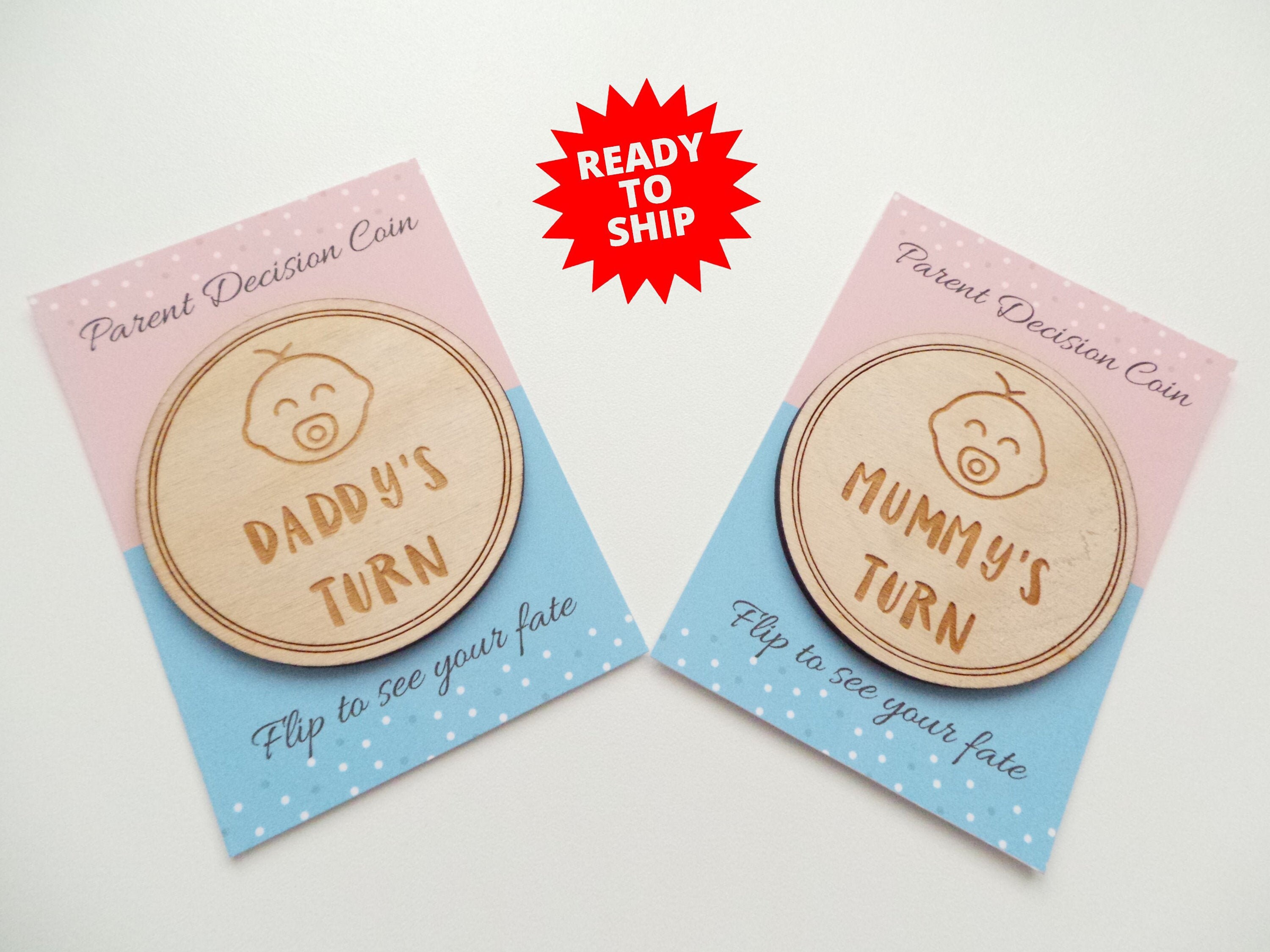 Baby Shower Gift, Parents Decision Wooden Coin 5cm, Momm’s Turn, Dadd…