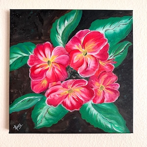 Prímulas - pintura floral realista, pintura de um traço em tela esticada, sem necessidade de moldura