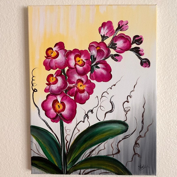 Pink Orchid, tropical flower painting, one stroke painting on stretched canvas