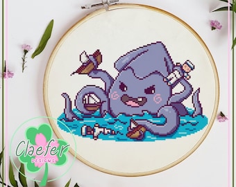 Kraken's Bathtime - Cute Cross Stitch PDF pattern - Chibi Mythology - beginner and all abilities
