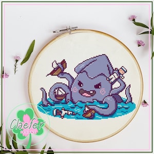 Kraken's Bathtime - Cute Cross Stitch PDF pattern - Chibi Mythology - beginner and all abilities