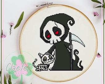 Death and Cats - Grim Reaper and Skeleton Cat Halloween Cross Stitch