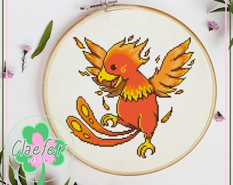 Phoenix - Cute Cross Stitch PDF Pattern - Chibi Mythology stitches - Beginner friendly all abilities