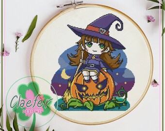 Halloween Witch and Pumpkin Cross Stitch Pattern - Spooky Spoopy seasonal design