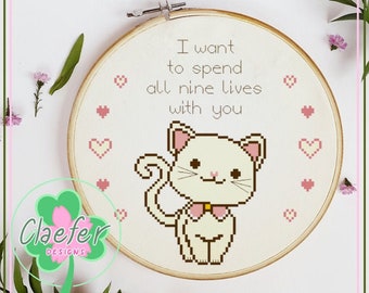 I want to spend all 9 lives with you - cute cat cross stitch PDF pattern - easy beginner friendly all abilities