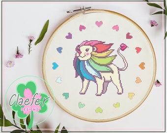 Rainbow PRIDE Lion - hearts version - LGBT flag gay pride colours - cute kawaii chibi lion cross stitch pattern