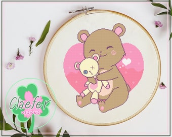 Bear Hugs - Cross Stitch PDF Pattern - Cute Adorable Kawaii bear teddy and heart