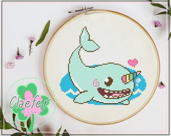 Cute Narwhal cross stitch PDF pattern - adorable kawaii style with rainbow horn and ocean waves