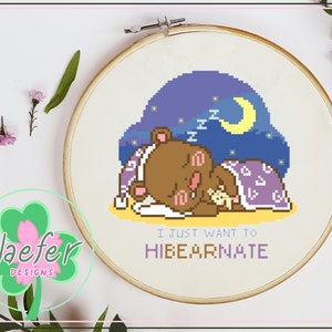 I just want to hibearnate - adorable sleepy bear night time cross stitch pattern