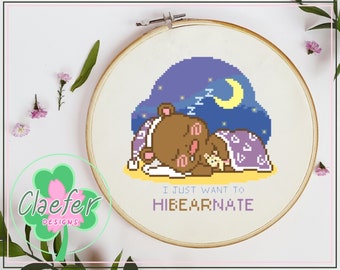 I just want to hibearnate - adorable sleepy bear night time cross stitch pattern