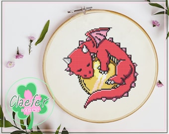 Baby dragon on a coin - Dragon's first gold coin - fantasy dungeons and dragons cross stitch