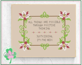 Positive Meds, not Positive Thinking - Snarky health positive cross stitch PDF pattern - Pretty Lily flower border