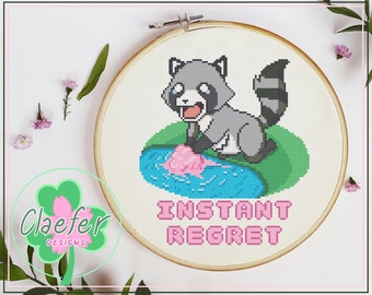 Instant Regret Raccoon - Washing Candyfloss Meme - Cute Kawaii Cross Stitch Pattern