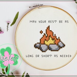 Campfire rest - D&D self care cross stitch PDF pattern - Dungeons and Dragons inspired - Long and short rests
