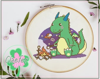 Dragon roasting marshmallows over a campfire - cute kawaii style fantasy cross stitch pattern d&d