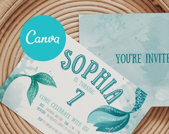 Mermaid Birthday Invitation Canva Template | Self Customize | Printable 5x7