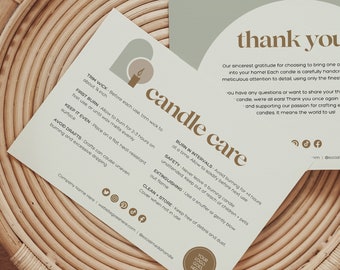 May include: Candle care instructions with a green background and a candle illustration. The text includes instructions on how to trim the wick, burn the candle, and extinguish the flame. The text also includes a thank you message for choosing the candles.
