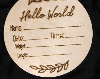 Baby-Ankündigungsschild| Geburt Stat Zeichen | Krankenhaus Namensschild | hallo welt| individuelles Holzschild | Neues Babyschild| Holz gebranntes individuelles Babyschild