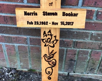 Personalized Memorial Wood Cross, Grave Marker, Wood Burned Design