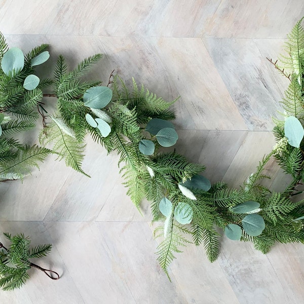 Eucalyptus Garland 5' 6", Artificial Pine Garland Greenery, Boho Wedding Decorations, Garland for Mantel, Farmhouse Decor